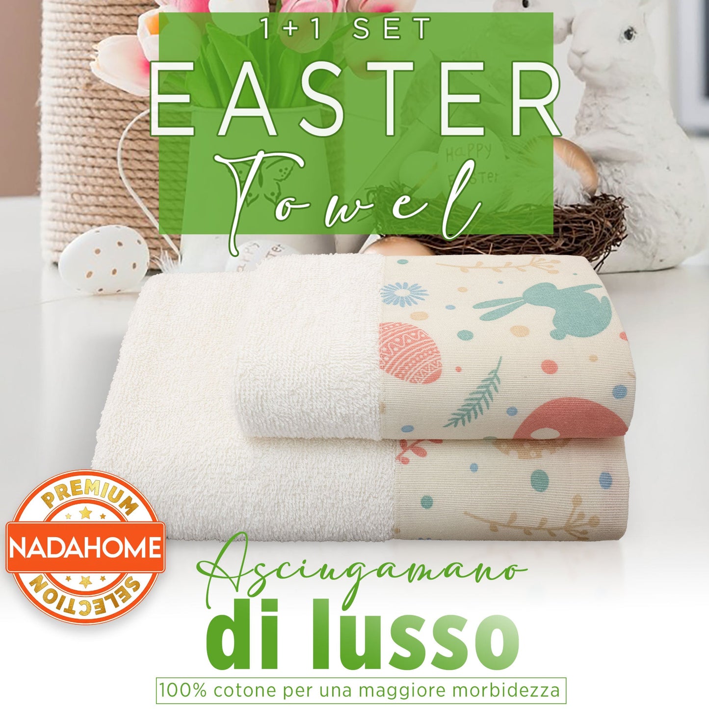 Asciugamani Pasquali Bagno set 1+1 in Spugna di Cotone Decoro Pasqua 7054