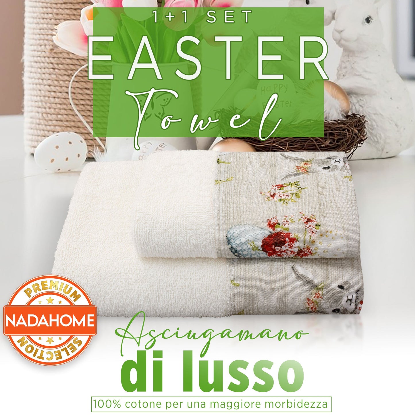 Asciugamani Pasquali Bagno set 1+1 in Spugna di Cotone Decoro Pasqua 7054