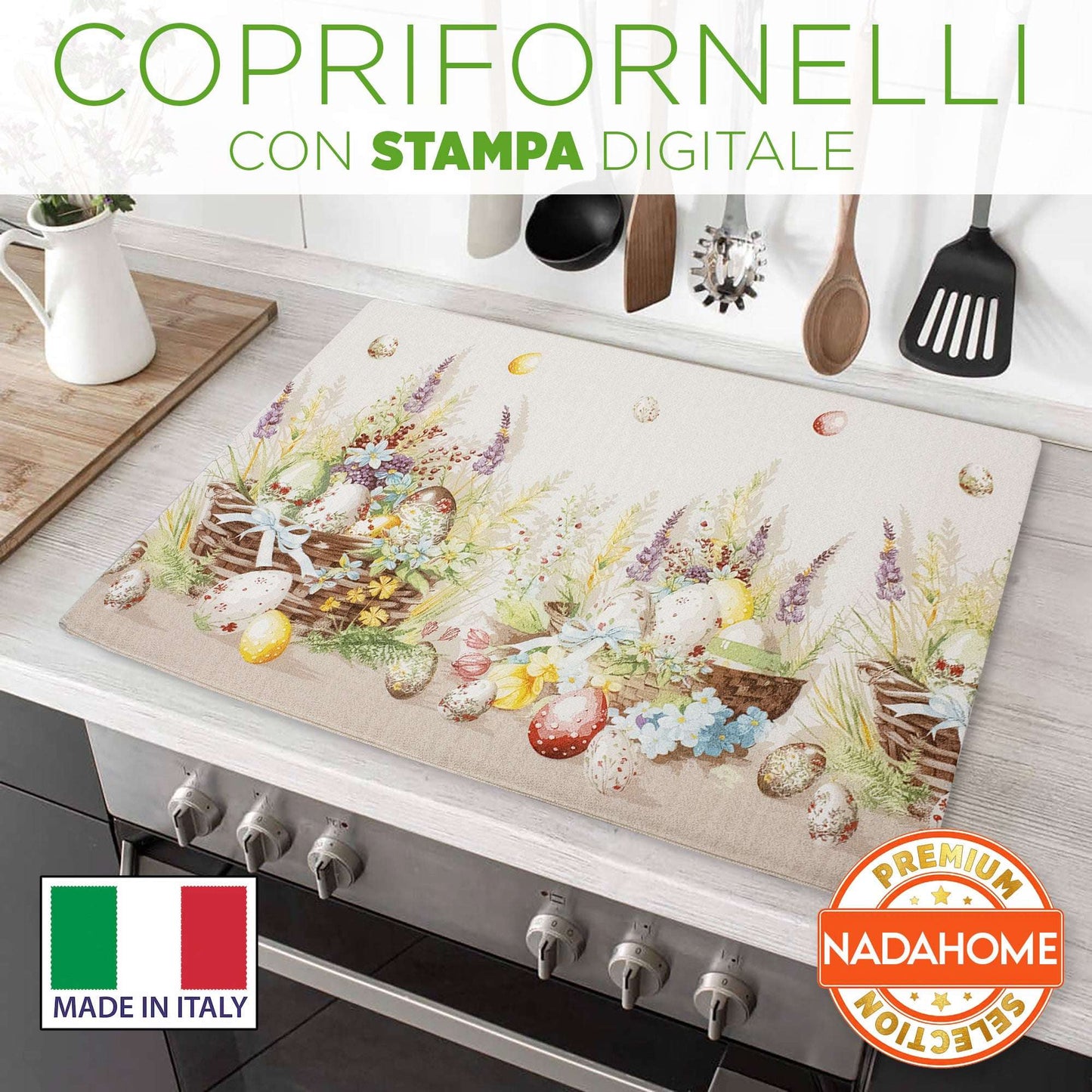 Coprifornelli cucina Pasquale imbottito stampa digitale Pasqua in cotone 7064