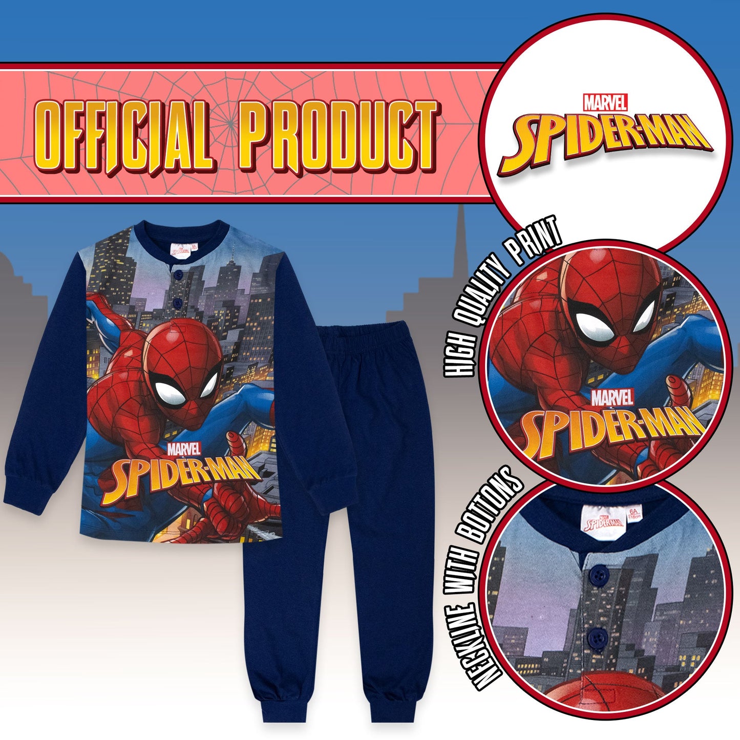 Pigiama Marvel Spiderman per bambino in cotone leggero a maniche lunghe 7075