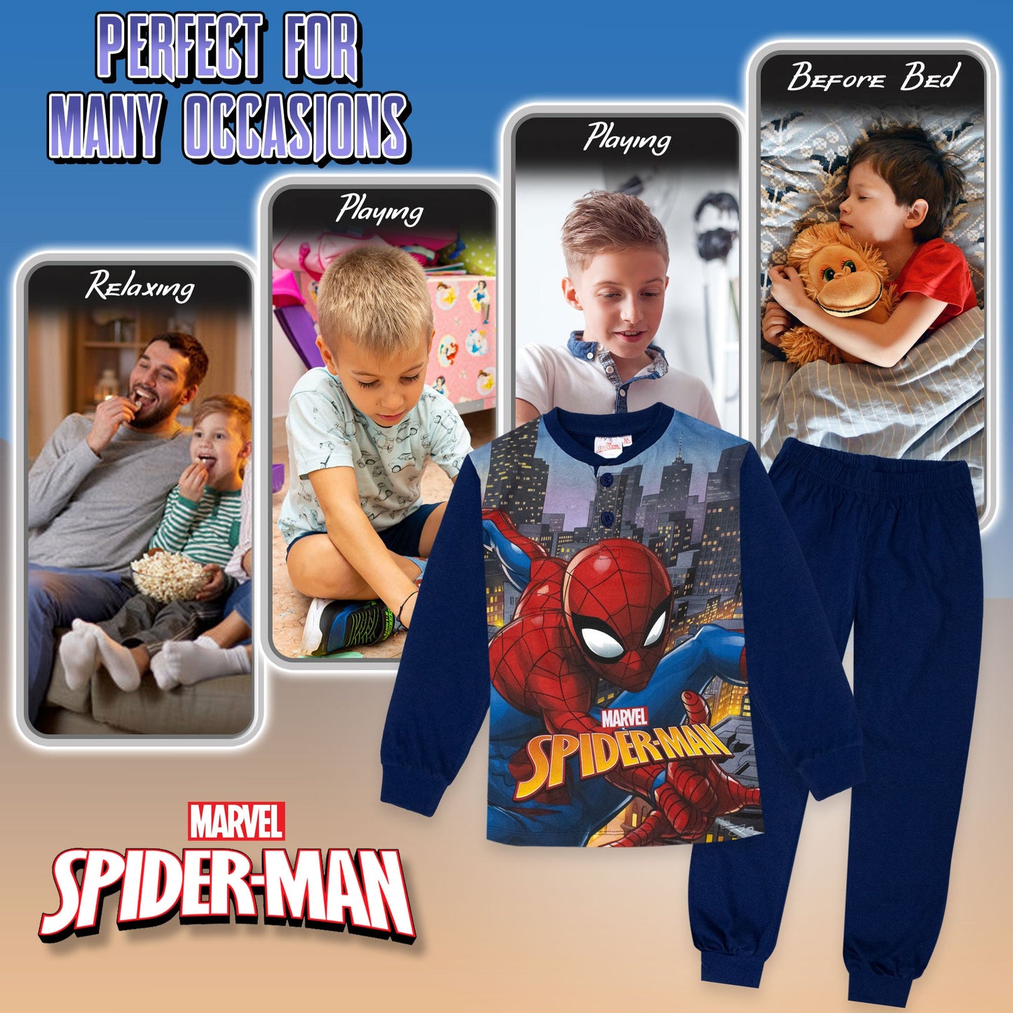 Pigiama Marvel Spiderman per bambino in cotone leggero a maniche lunghe 7075