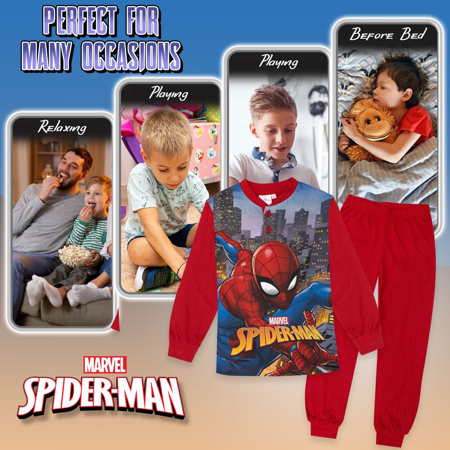 Pigiama Marvel Spiderman per bambino in cotone leggero a maniche lunghe 7075