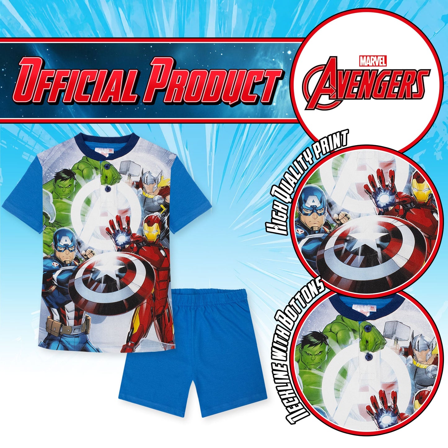 Pigiama Marvel Avengers corto per bambino in cotone leggero a maniche corte 7077