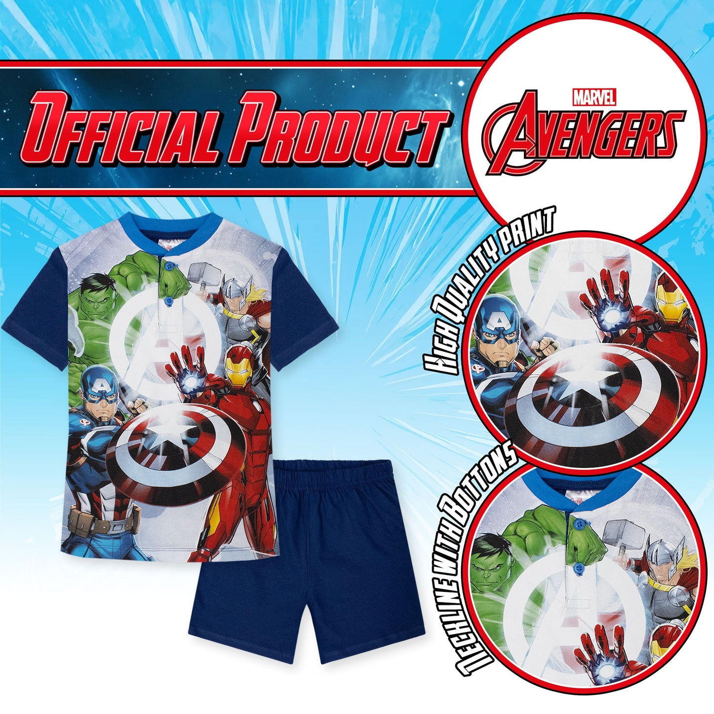 Pigiama Marvel Avengers corto per bambino in cotone leggero a maniche corte 7077