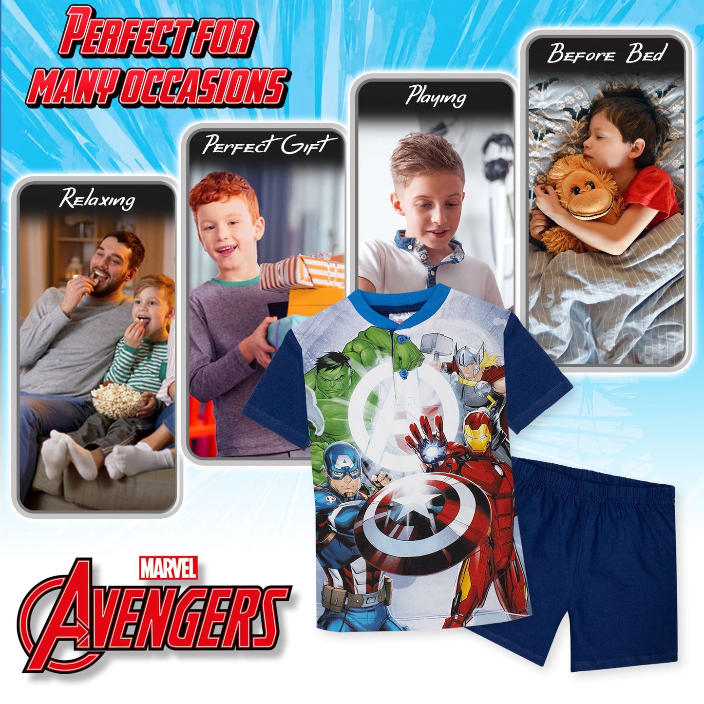 Pigiama Marvel Avengers corto per bambino in cotone leggero a maniche corte 7077
