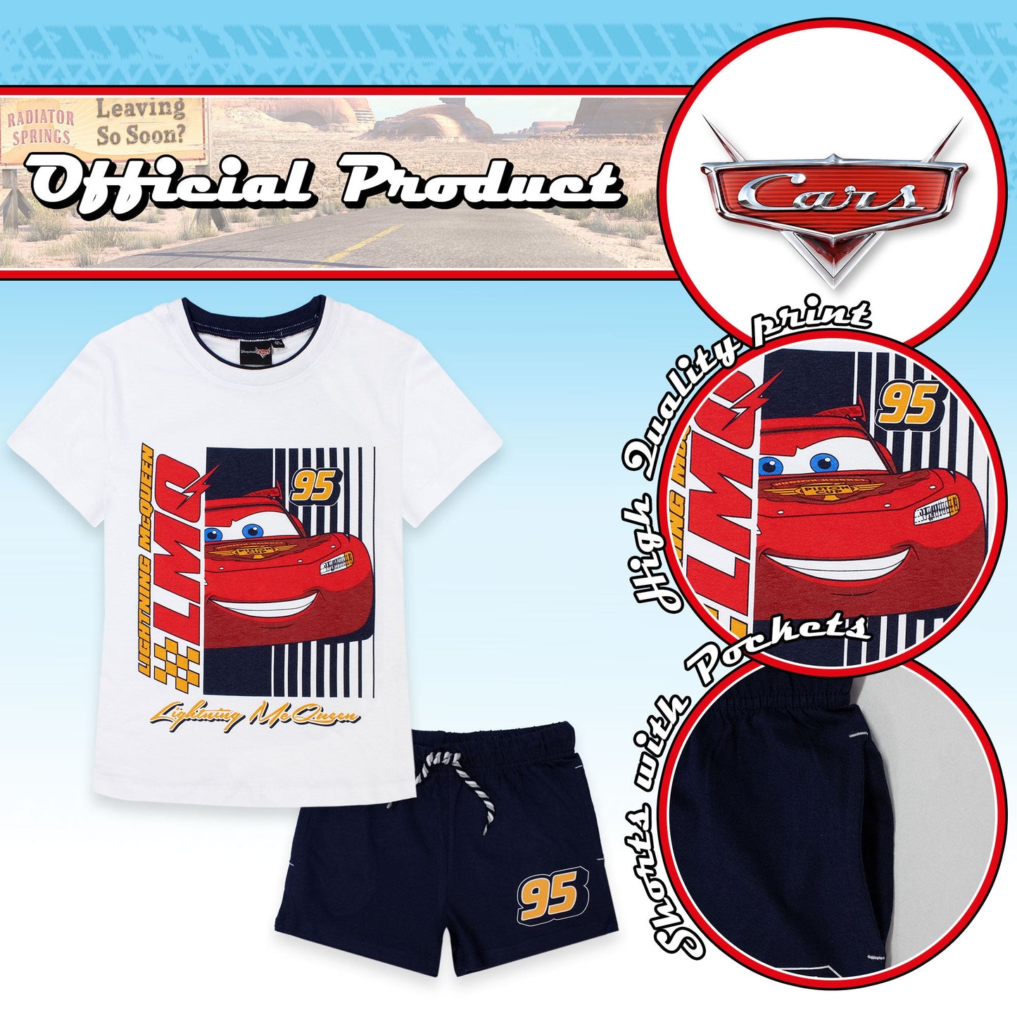 Completo bambino Disney Cars t-shirt e pantalone corto estivo in cotone 7087