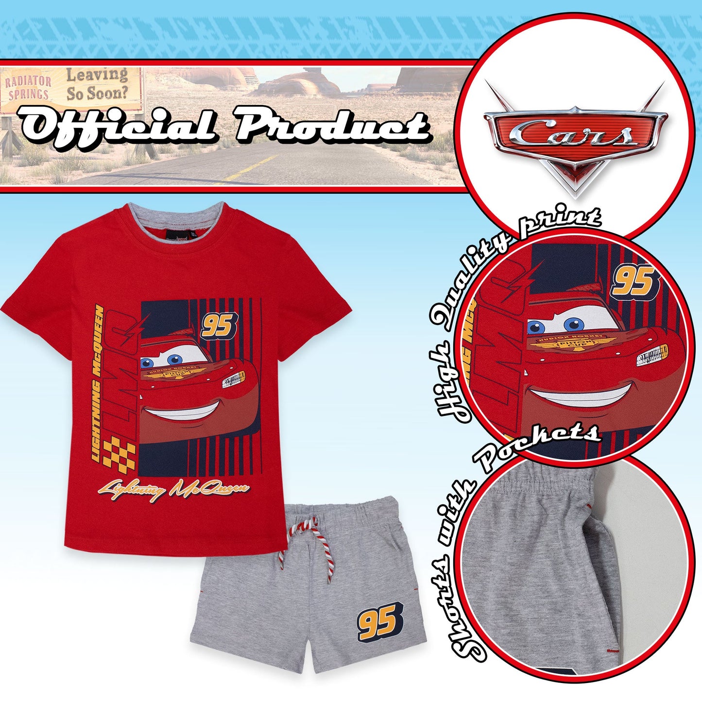 Completo bambino Disney Cars t-shirt e pantalone corto estivo in cotone 7087