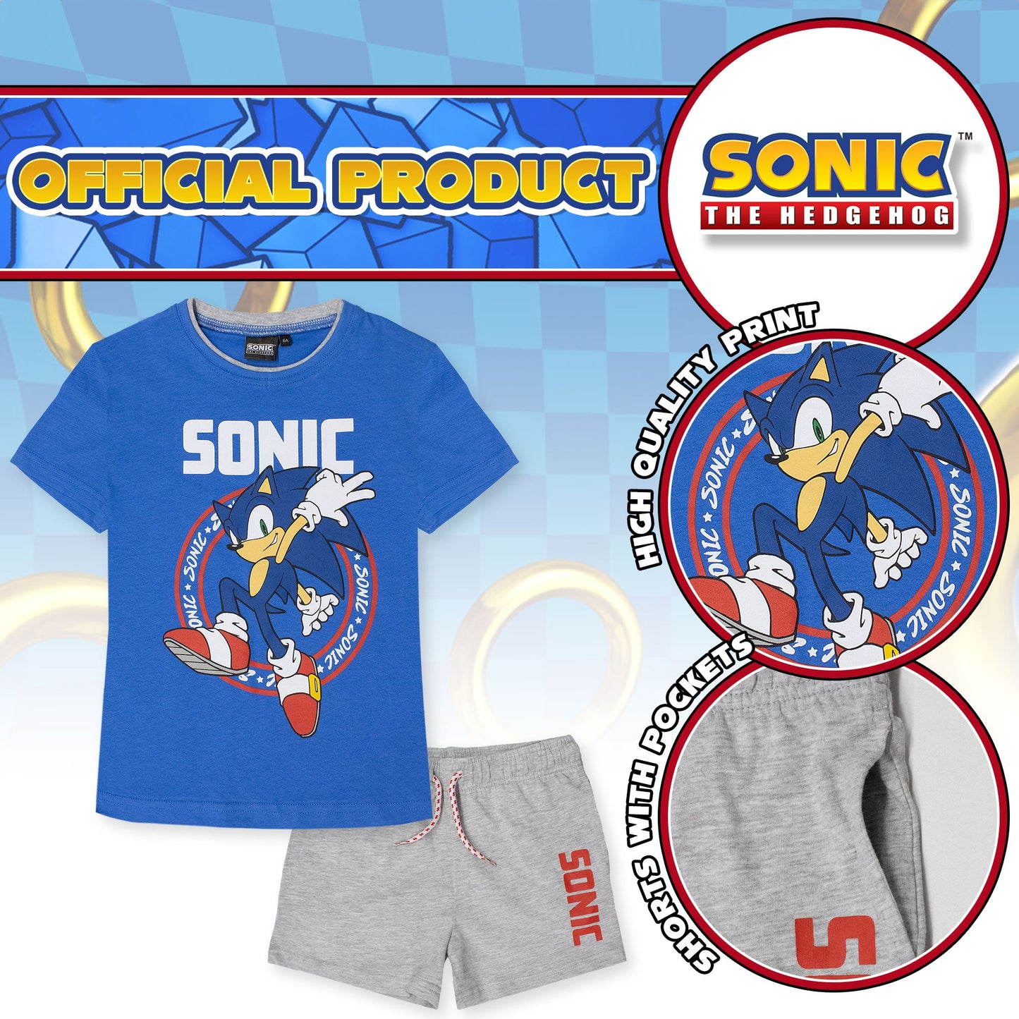Completo bambino Sega Sonic The Hedgehog t-shirt e pantaloncino estivo cotone 7088