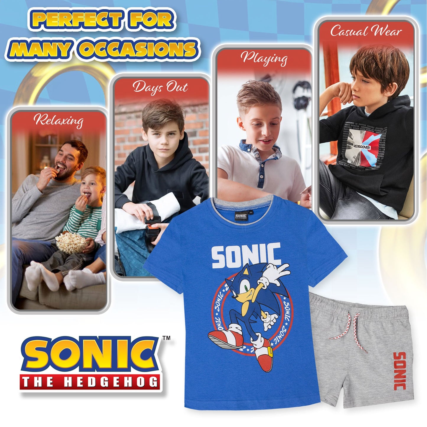 Completo bambino Sega Sonic The Hedgehog t-shirt e pantaloncino estivo cotone 7088