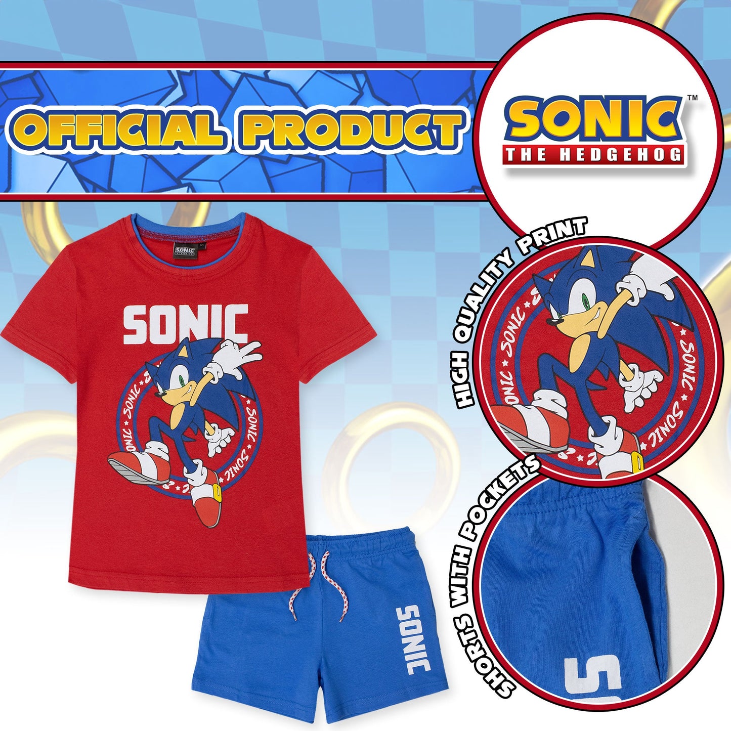 Completo bambino Sega Sonic The Hedgehog t-shirt e pantaloncino estivo cotone 7088