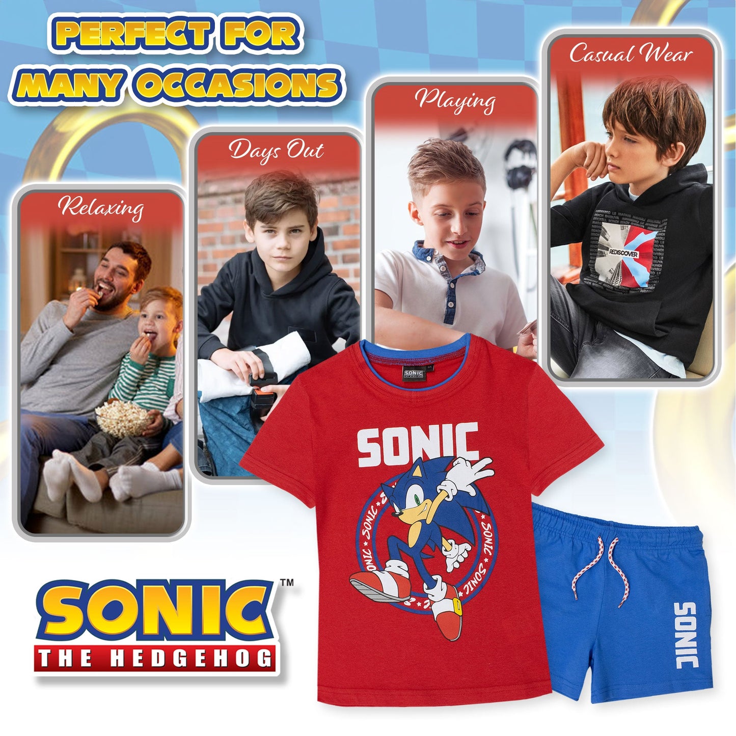 Completo bambino Sega Sonic The Hedgehog t-shirt e pantaloncino estivo cotone 7088