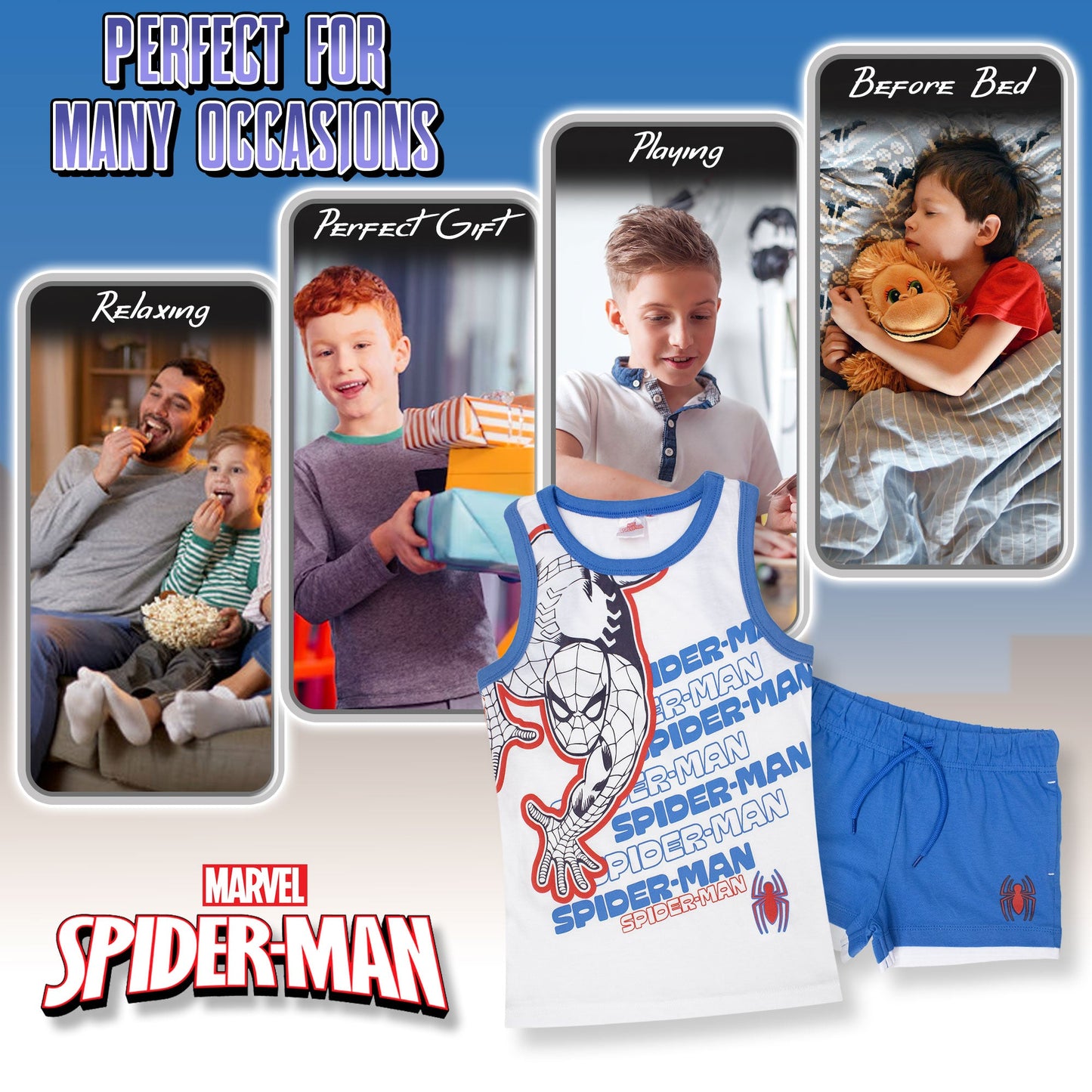 Completo bambino Marvel Spiderman canotta e pantaloncino estivo in cotone 7089