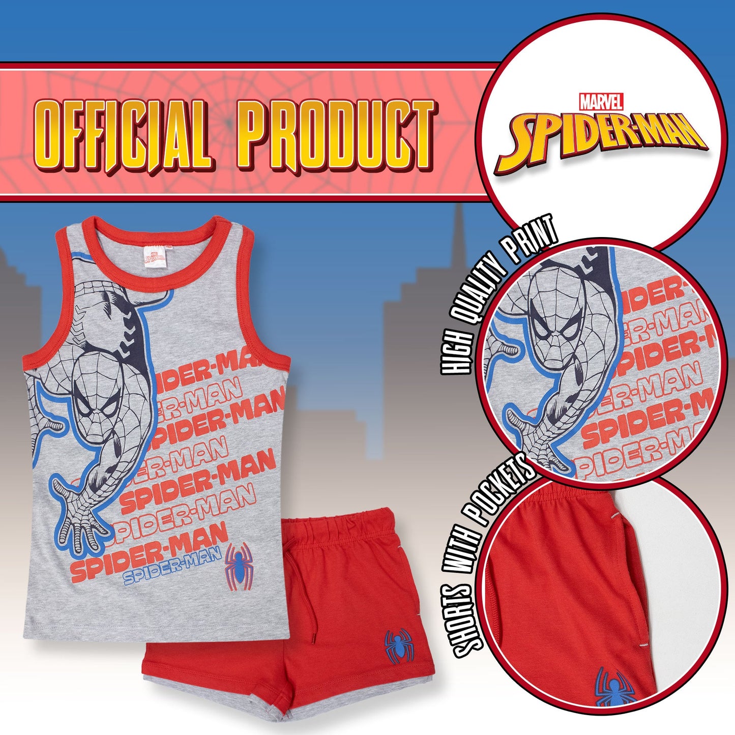 Completo bambino Marvel Spiderman canotta e pantaloncino estivo in cotone 7089