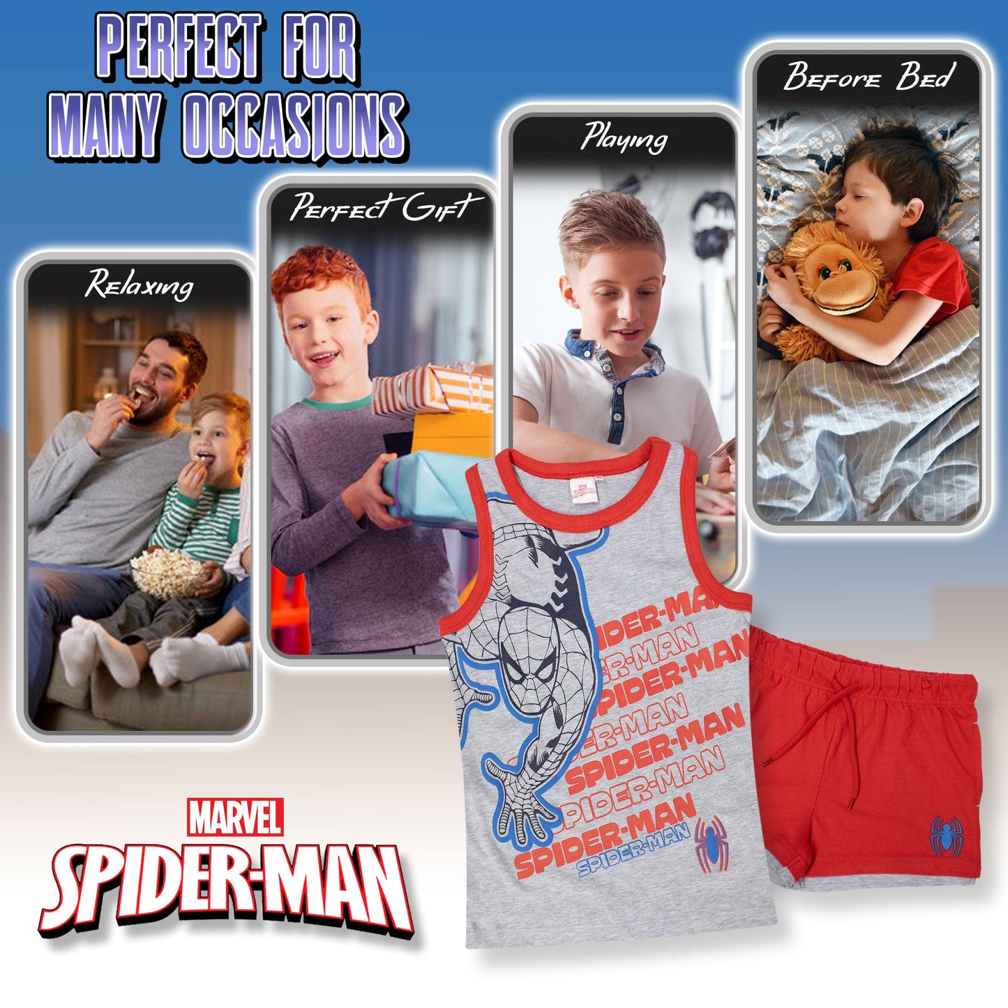 Completo bambino Marvel Spiderman canotta e pantaloncino estivo in cotone 7089