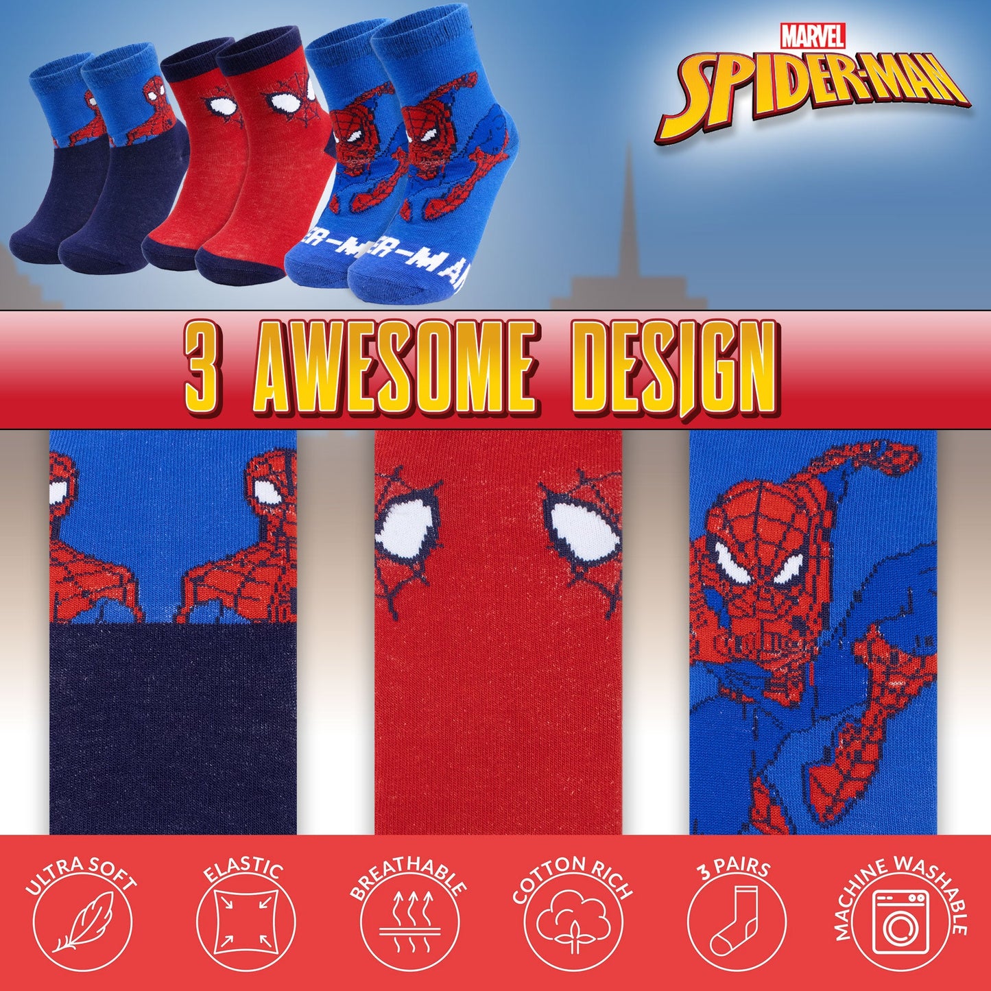 Calzini per bambino Marvel Spiderman set 3 paia di calze in cotone bimbo 7113