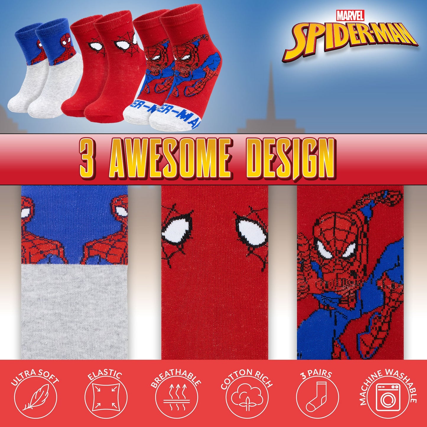 Calzini per bambino Marvel Spiderman set 3 paia di calze in cotone bimbo 7113
