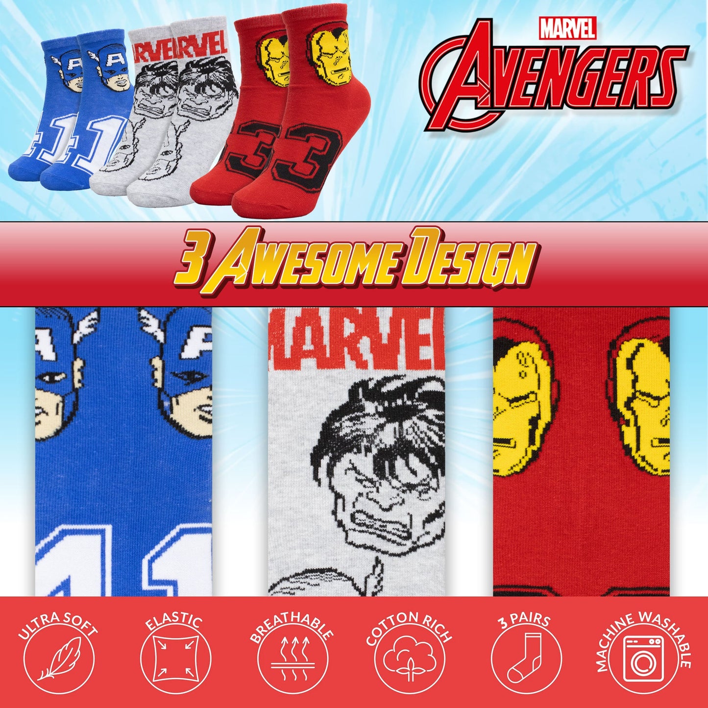 Calzini per bambino Marvel Avengers set 3 paia di calze in cotone bimbo 7114
