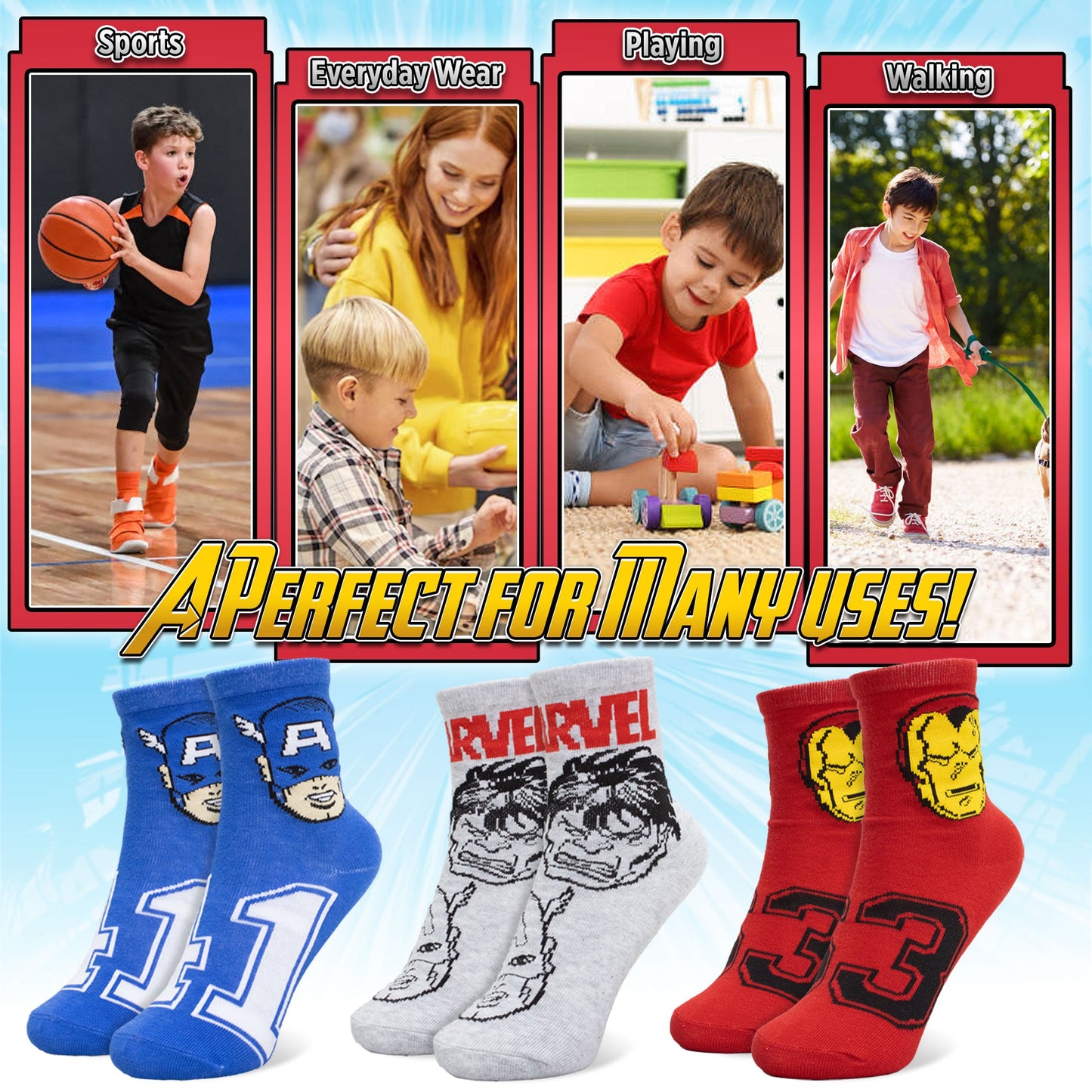 Calzini per bambino Marvel Avengers set 3 paia di calze in cotone bimbo 7114