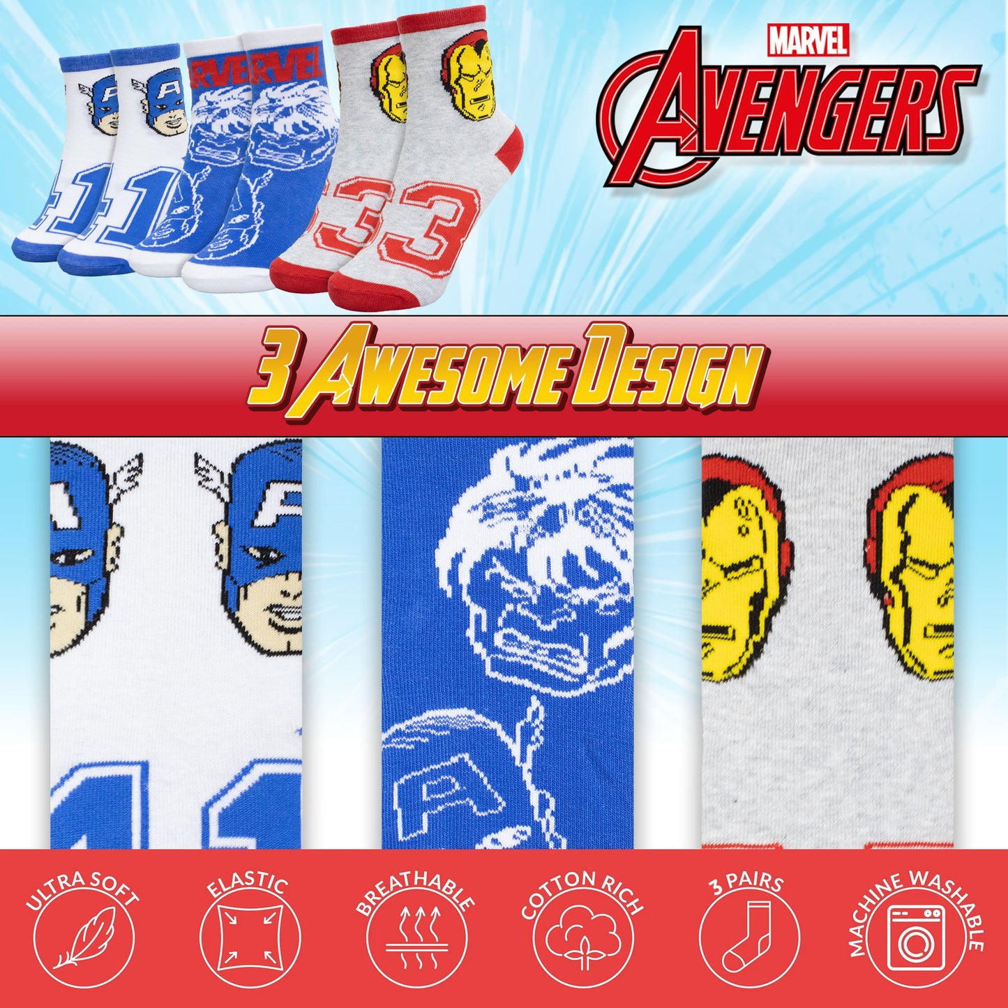 Calzini per bambino Marvel Avengers set 3 paia di calze in cotone bimbo 7114