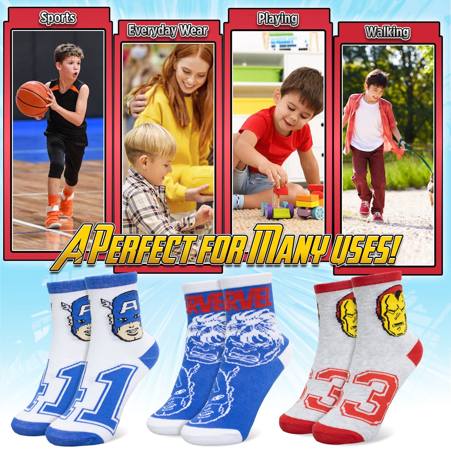 Calzini per bambino Marvel Avengers set 3 paia di calze in cotone bimbo 7114