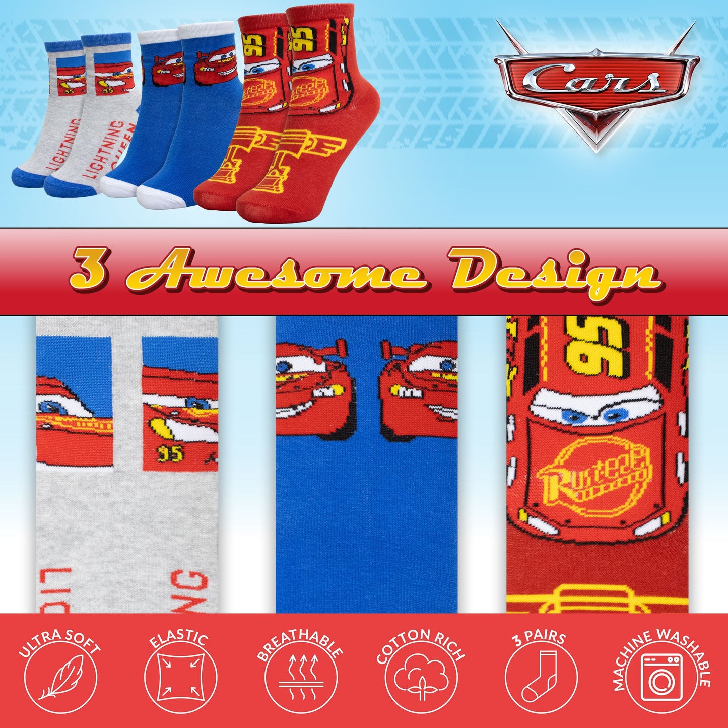 Calzini per bambino Disney Cars Saetta set 3 paia di calze in cotone bimbo 7115