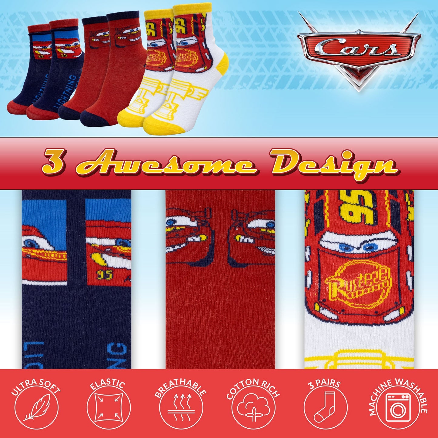 Calzini per bambino Disney Cars Saetta set 3 paia di calze in cotone bimbo 7115