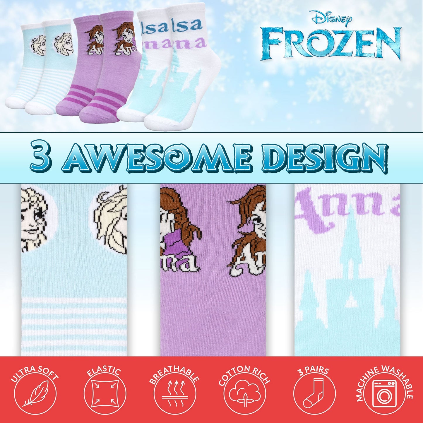 Calzini per bambina Disney Frozen Elsa set 3 paia di calze in cotone bimba 7116