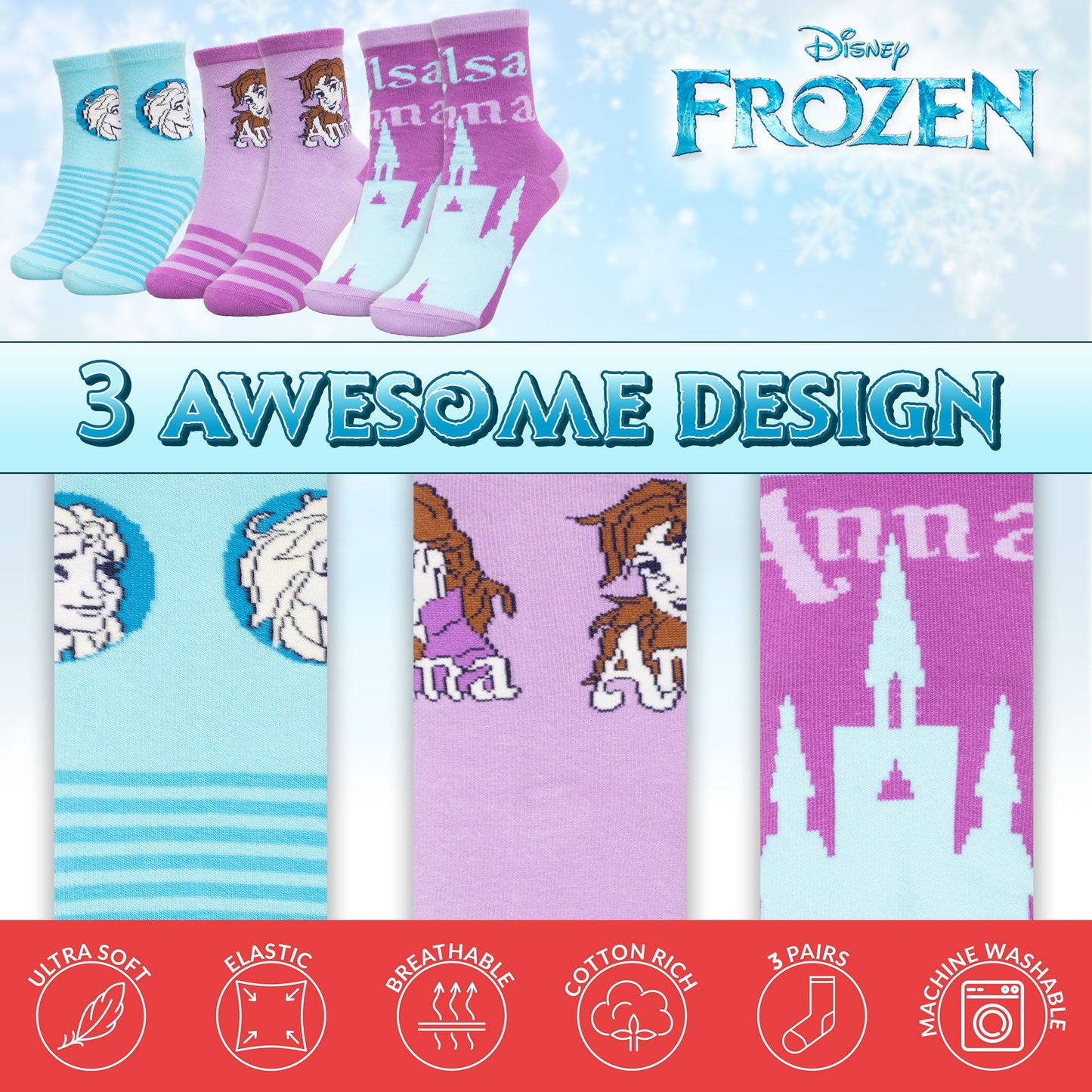 Calzini per bambina Disney Frozen Elsa set 3 paia di calze in cotone bimba 7116