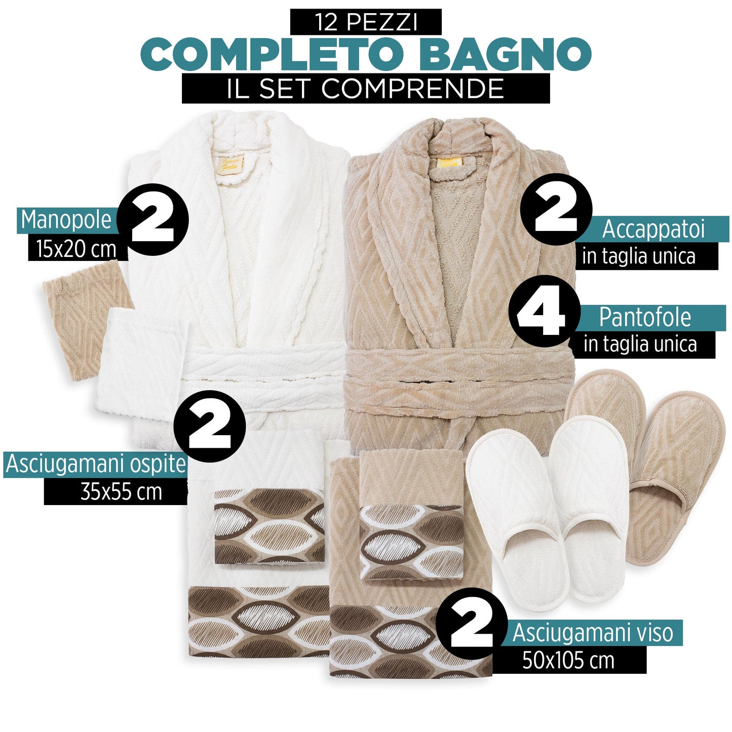Completo bagno asciugamani accappatoi set uomo donna in spugna di cotone 7121