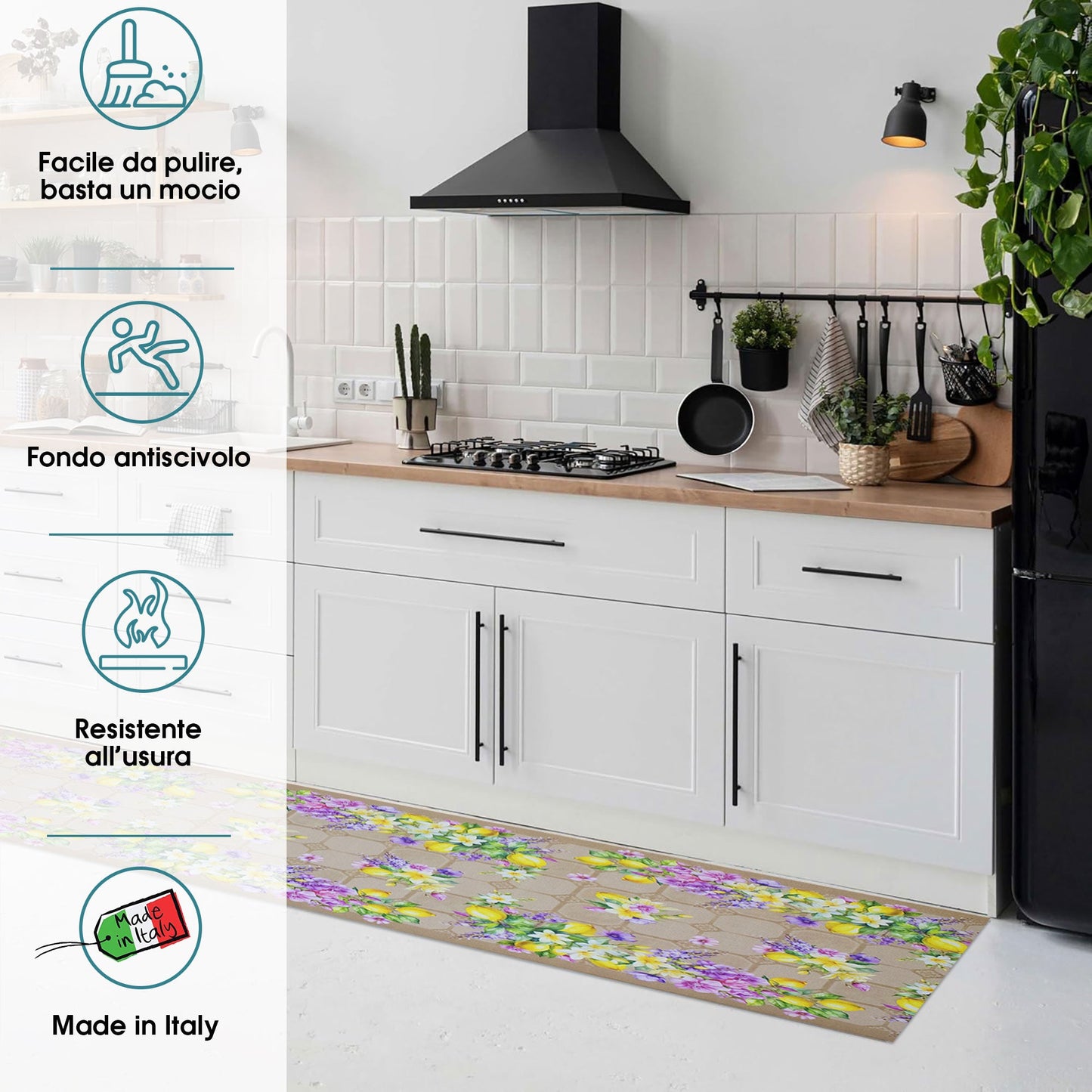 Tappeto cucina passatoia antiscivolo Limoni con maioliche Vietrese gommato 7123