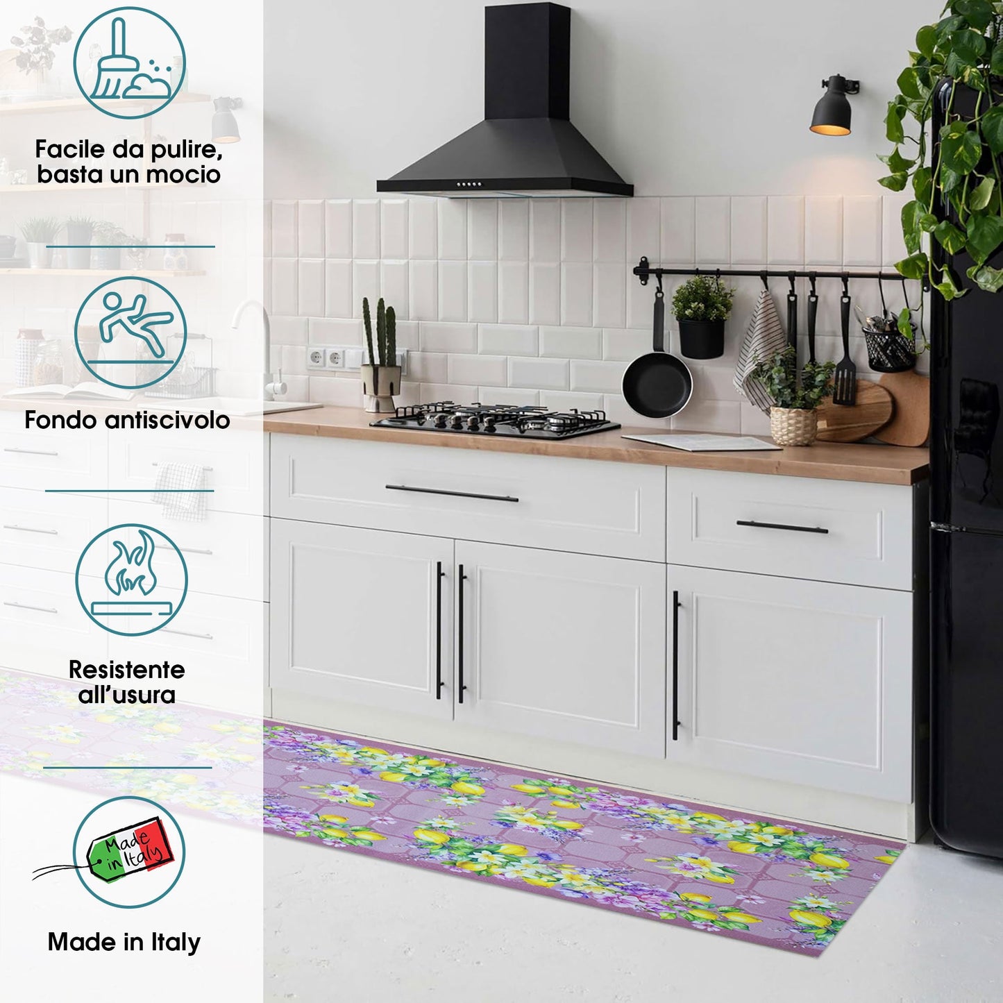 Tappeto cucina passatoia antiscivolo Limoni con maioliche Vietrese gommato 7123