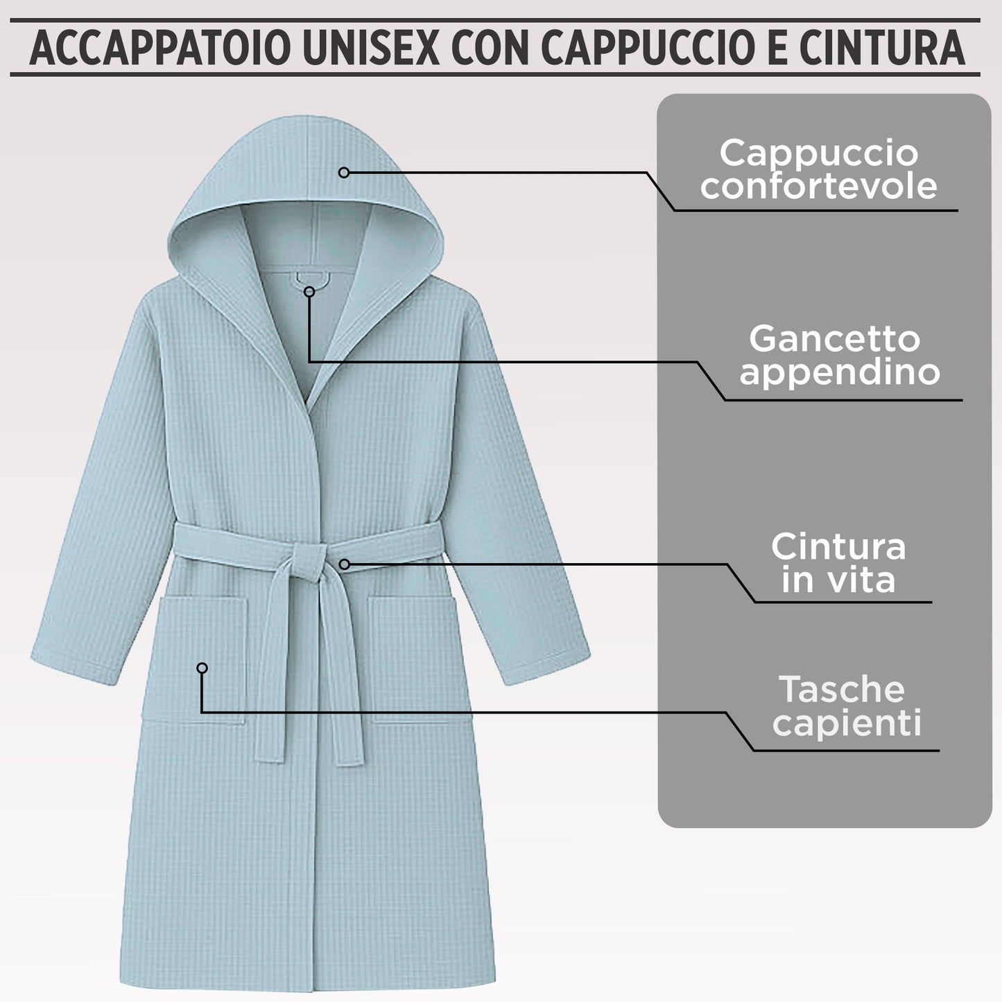 Accappatoio Nido d’Ape Unisex Uomo Donna leggero con Cappuccio e tasche 7130