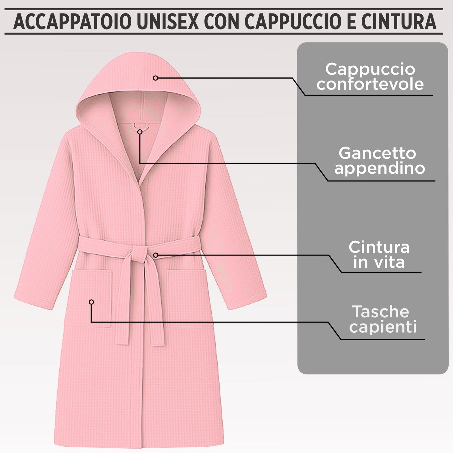 Accappatoio Nido d’Ape Unisex Uomo Donna leggero con Cappuccio e tasche 7130