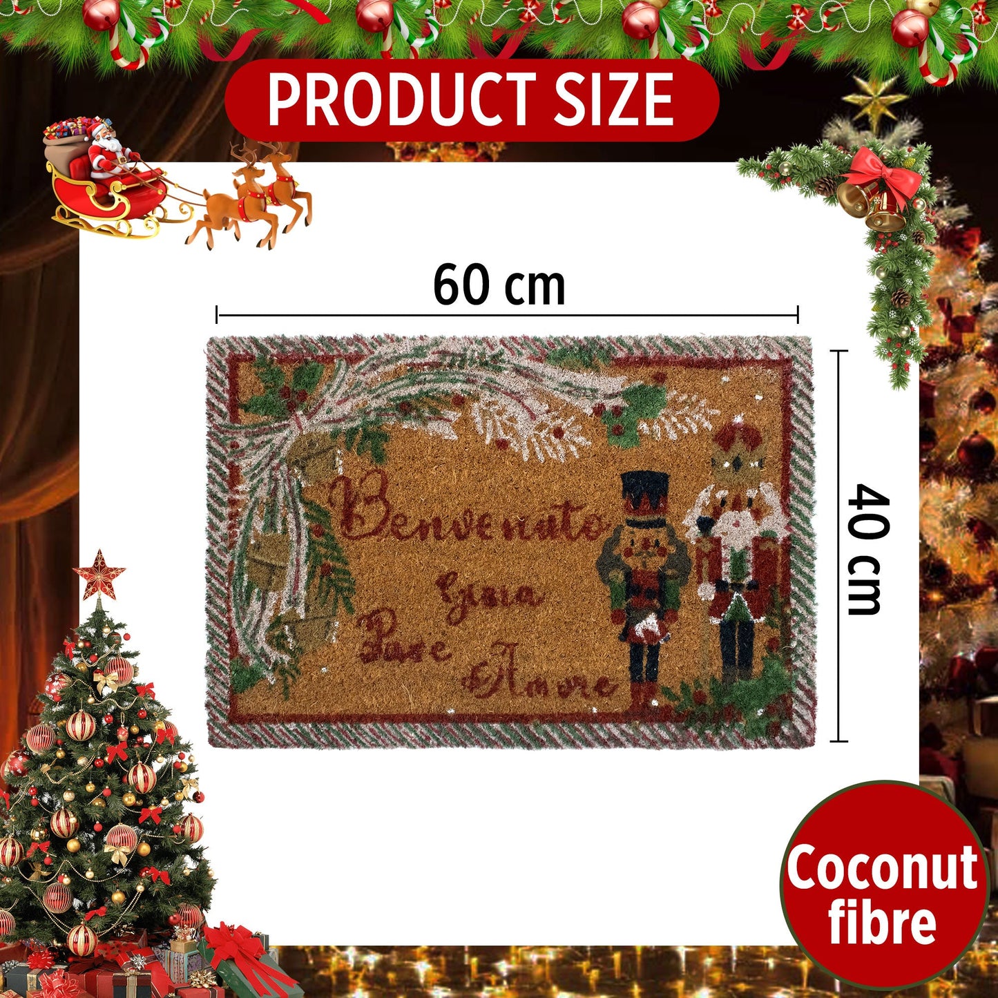 Tappeto zerbino natalizio in cocco stampato antiscivolo 40x60 cm Natale 7131
