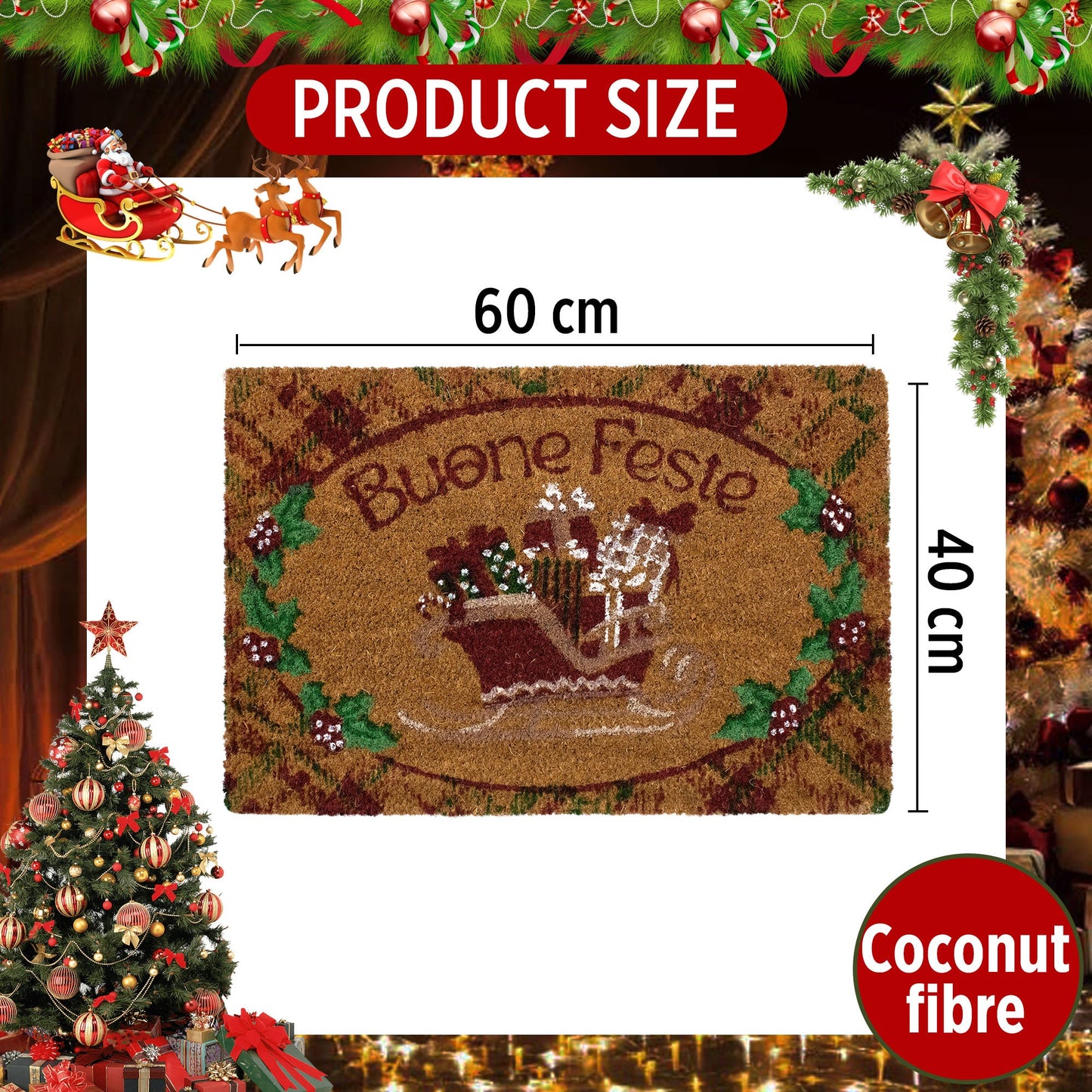 Tappeto zerbino natalizio in cocco stampato antiscivolo 40x60 cm Natale 7131