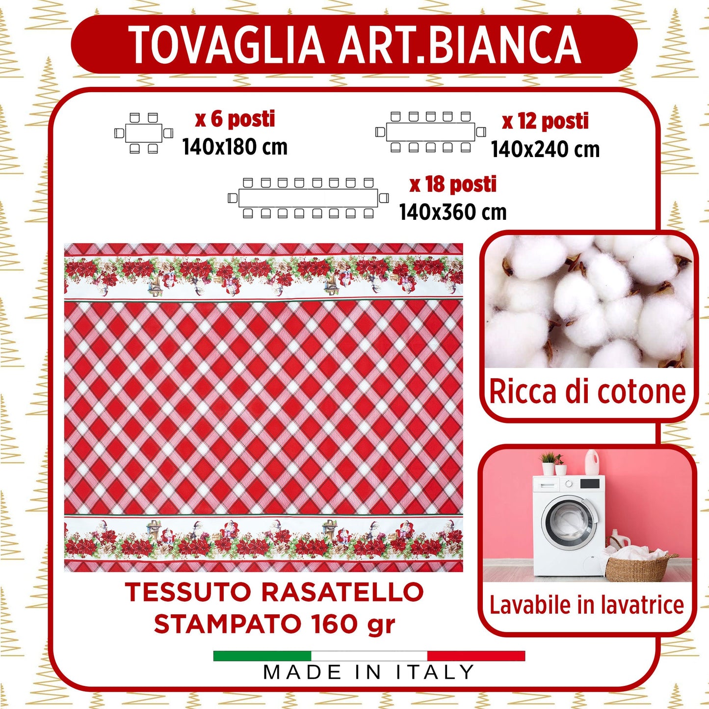 Tovaglia Natalizia in Rasatello Made in Italy Decoro Natale varie misure 7132