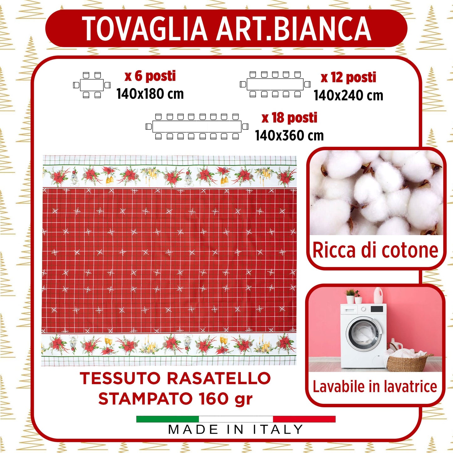 Tovaglia Natalizia in Rasatello Made in Italy Decoro Natale varie misure 7132