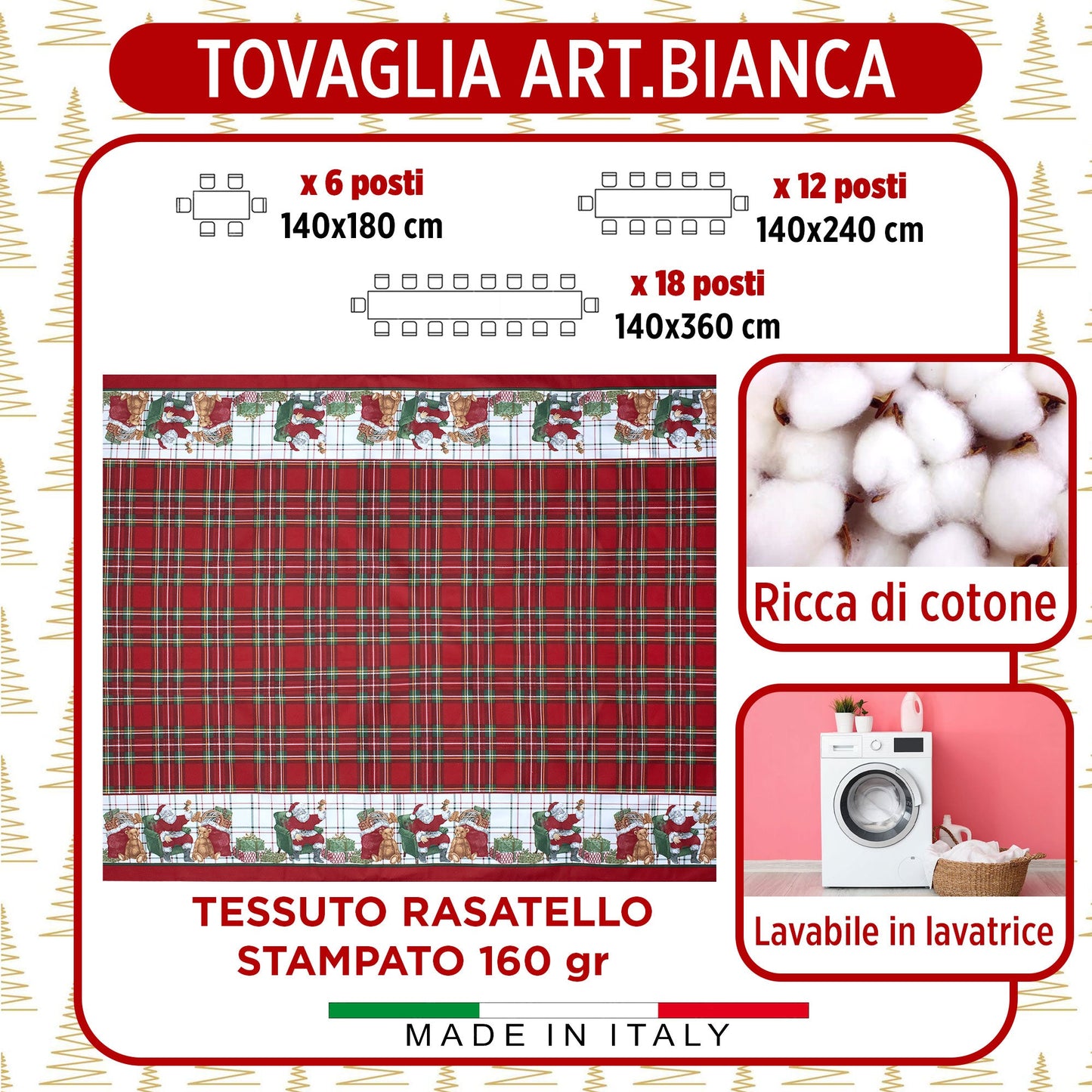 Tovaglia Natalizia in Rasatello Made in Italy Decoro Natale varie misure 7132