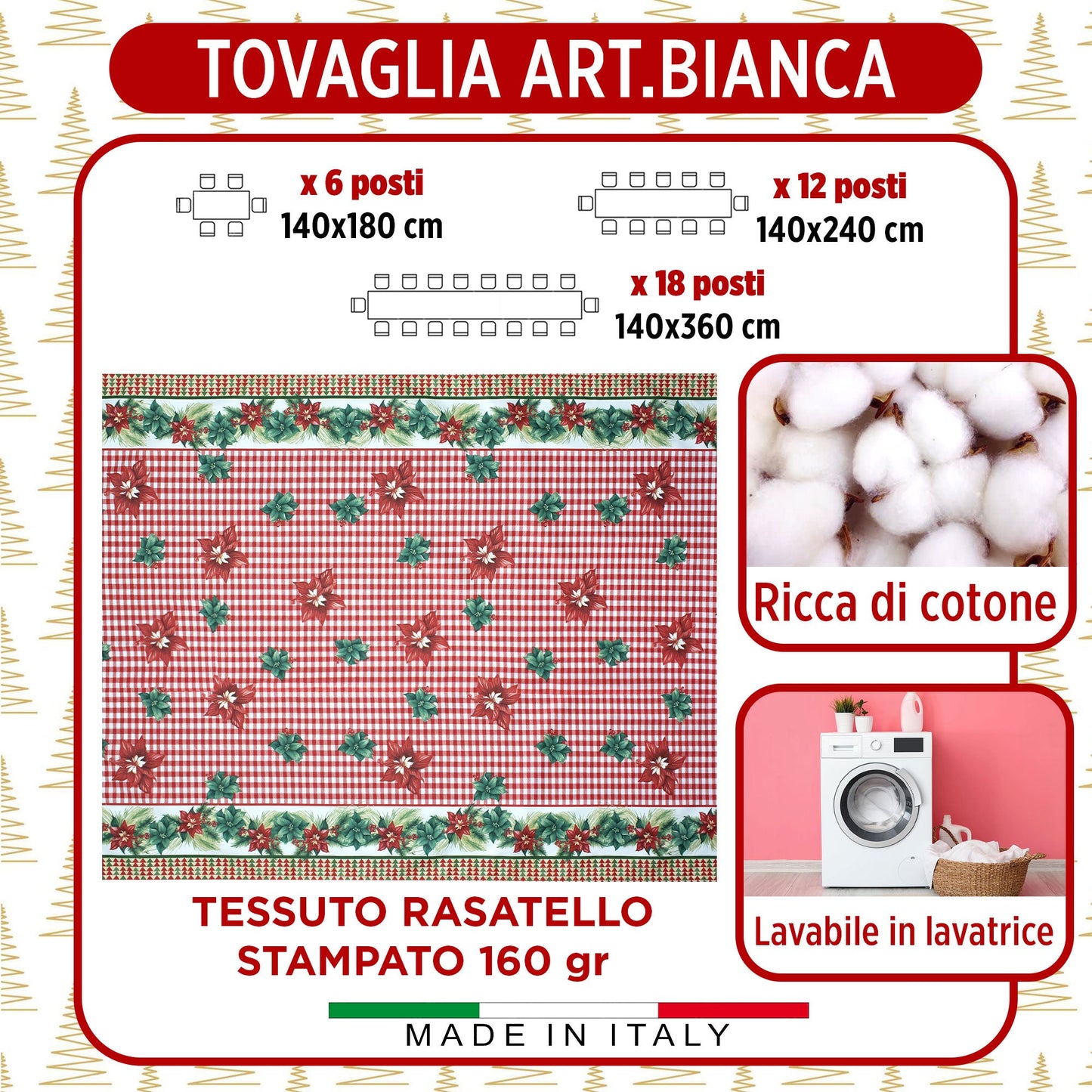 Tovaglia Natalizia in Rasatello Made in Italy Decoro Natale varie misure 7132