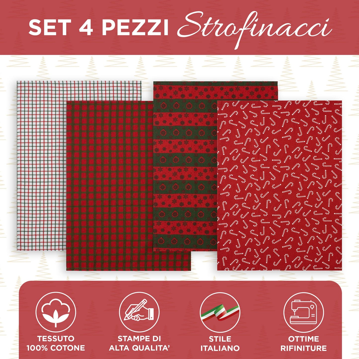 Set Strofinacci Natalizi Canovacci cotone 4 Pezzi Decoro Natale Idea Regalo 7134