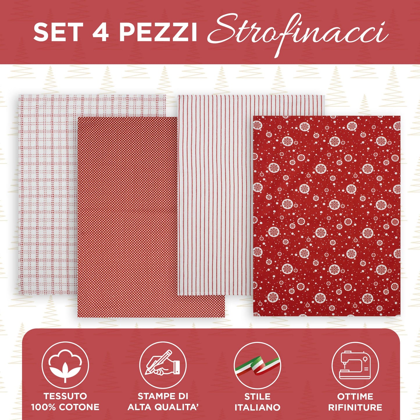Set Strofinacci Natalizi Canovacci cotone 4 Pezzi Decoro Natale Idea Regalo 7134