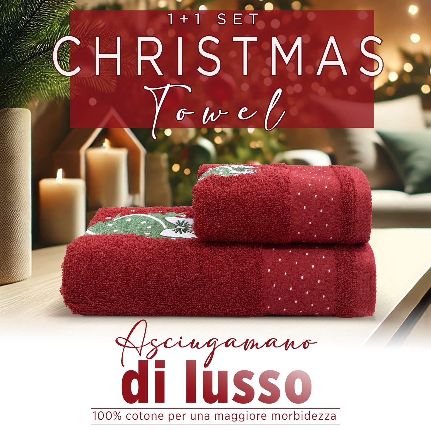Asciugamani Natalizi Bagno set 1+1 in Spugna di Cotone Decoro Natale Abete 7148