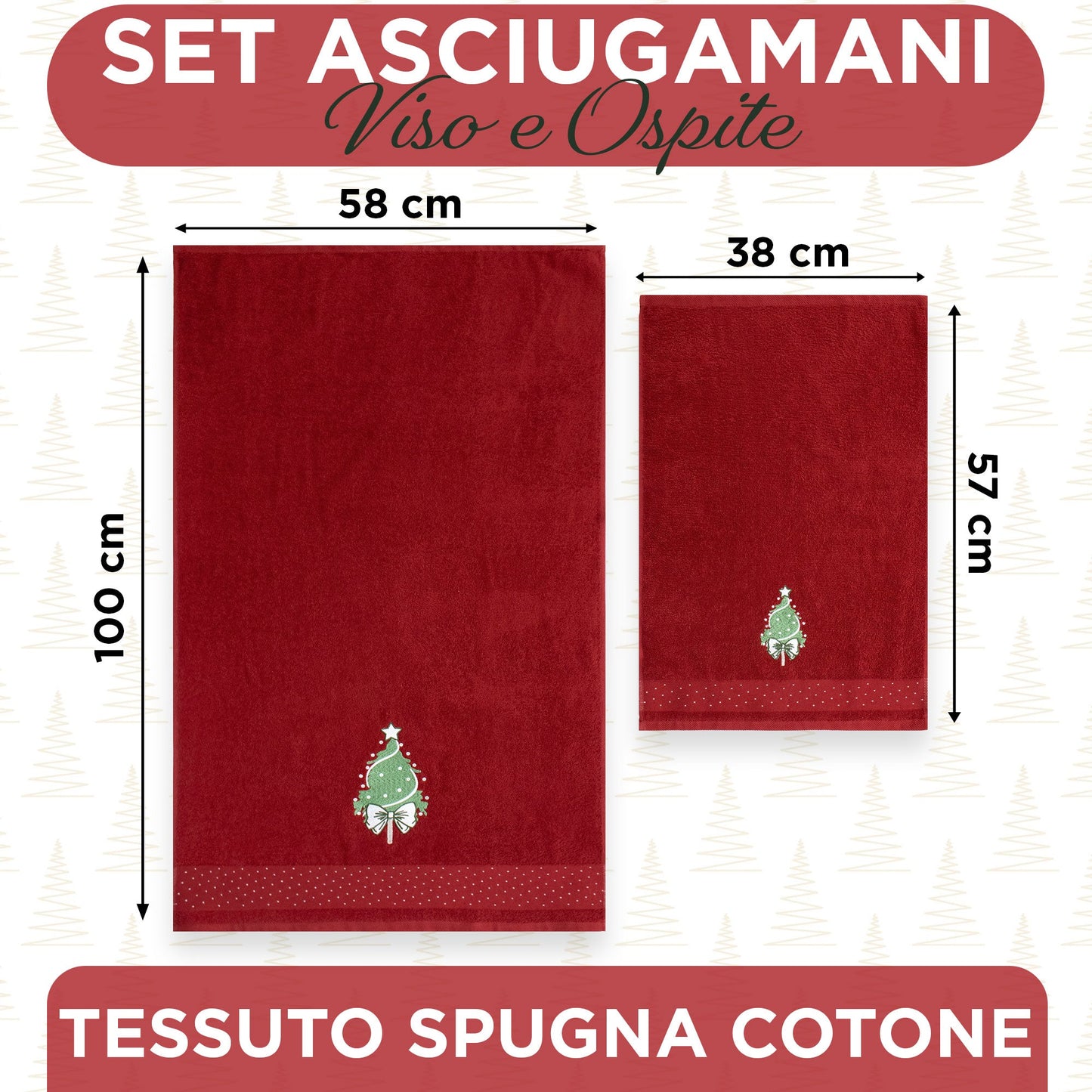 Asciugamani Natalizi Bagno set 1+1 in Spugna di Cotone Decoro Natale Abete 7148
