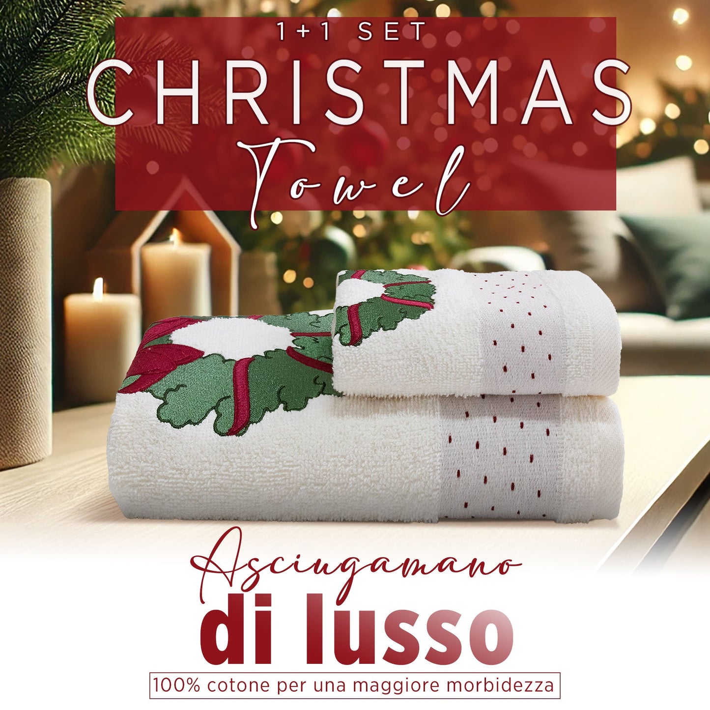 Asciugamani Natalizi Bagno set 1+1 in Spugna Cotone Decoro Ghirlanda Natale 7149