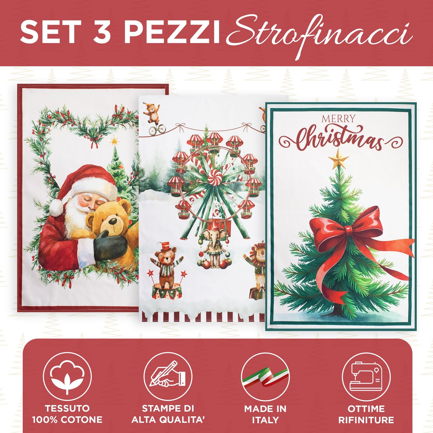 Set Strofinacci natalizi 3pz Canovacci Babbo Natale in cotone Decoro cucina 7150