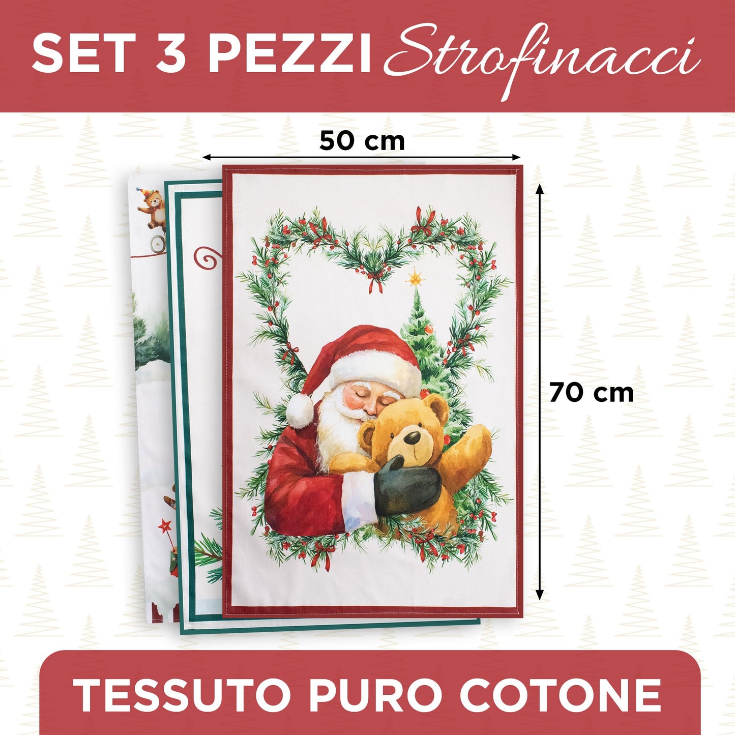 Set Strofinacci natalizi 3pz Canovacci Babbo Natale in cotone Decoro cucina 7150