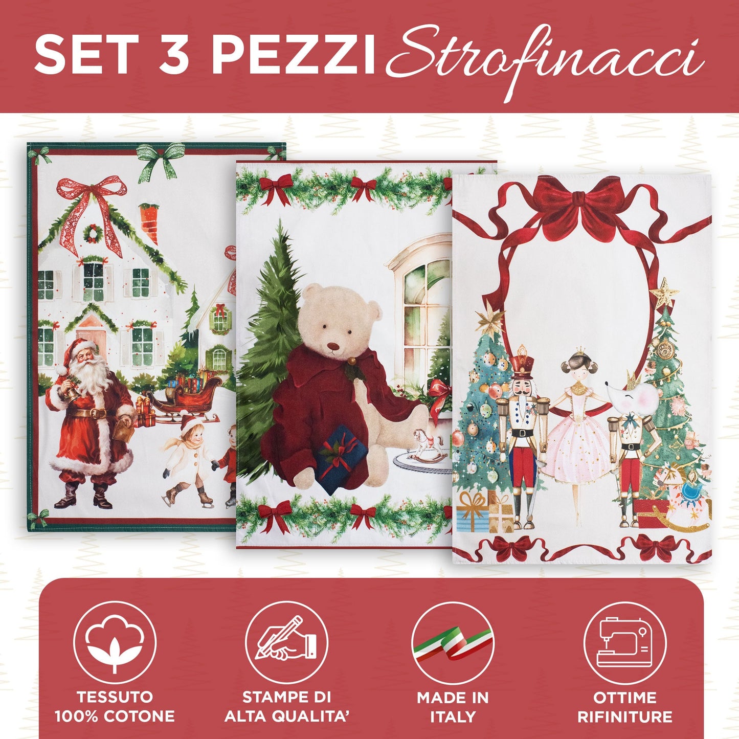 Set Strofinacci natalizi 3pz Canovacci Natale in cotone Decoro Ballerina 7151