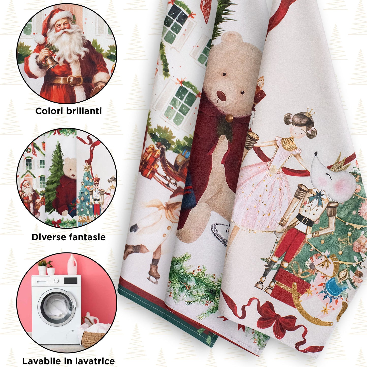 Set Strofinacci natalizi 3pz Canovacci Natale in cotone Decoro Ballerina 7151