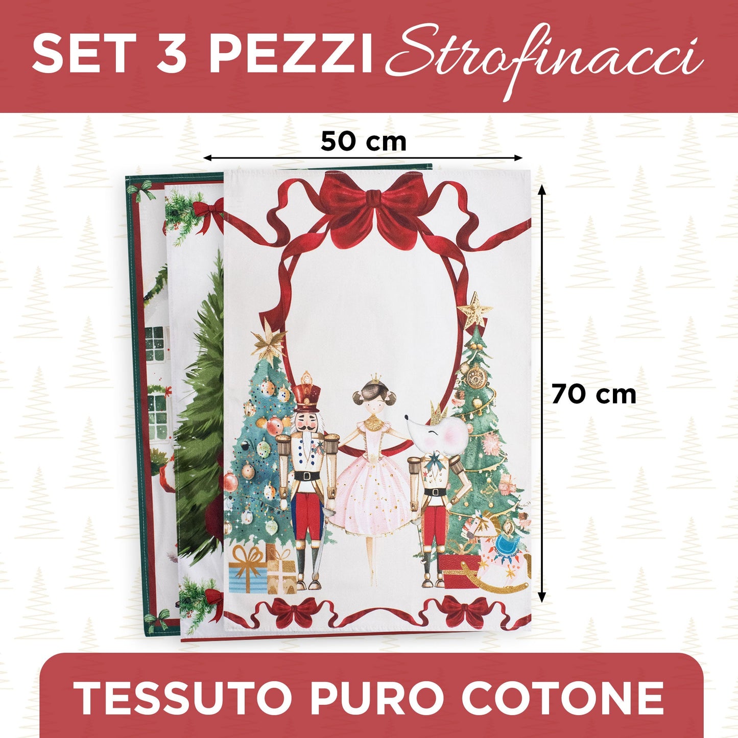Set Strofinacci natalizi 3pz Canovacci Natale in cotone Decoro Ballerina 7151