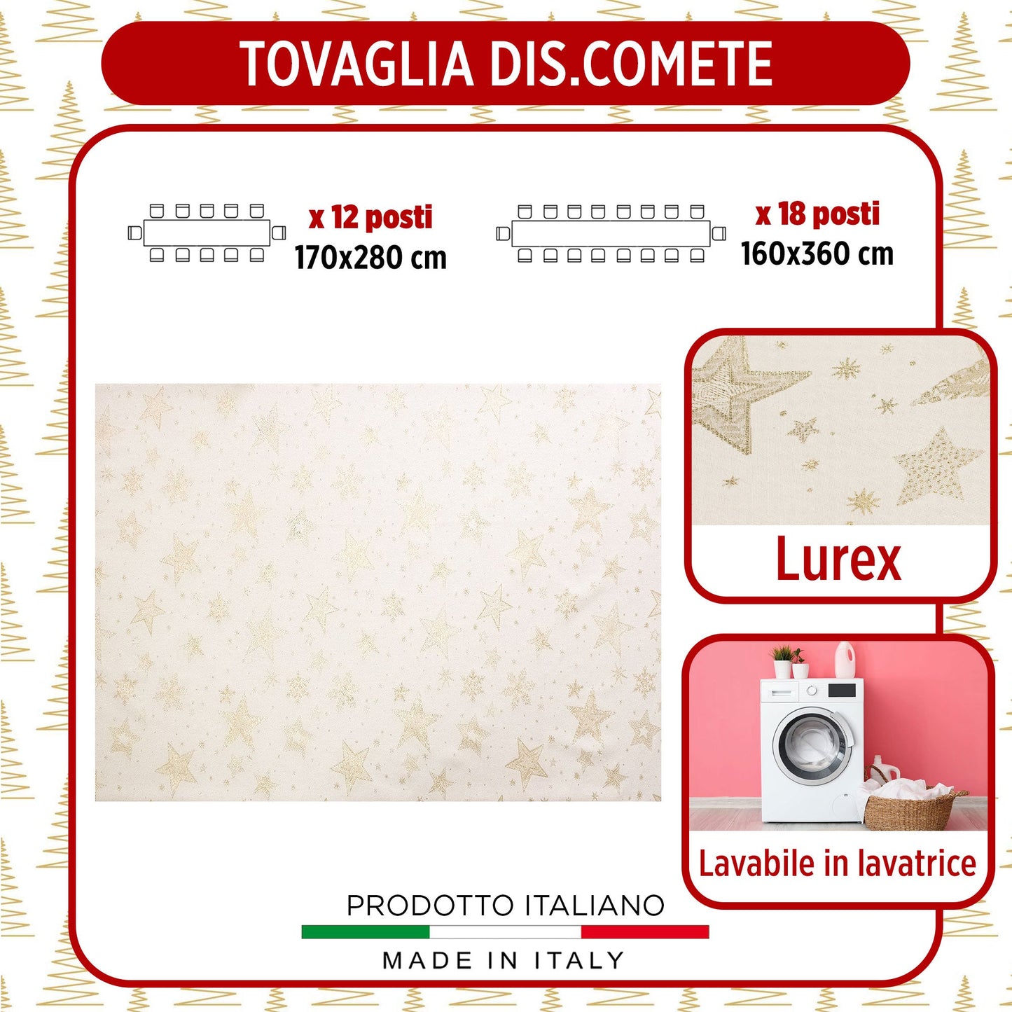 Tovaglia Natalizia glitter lurex Comete 12 posti Decoro di Natale in cotone 7154